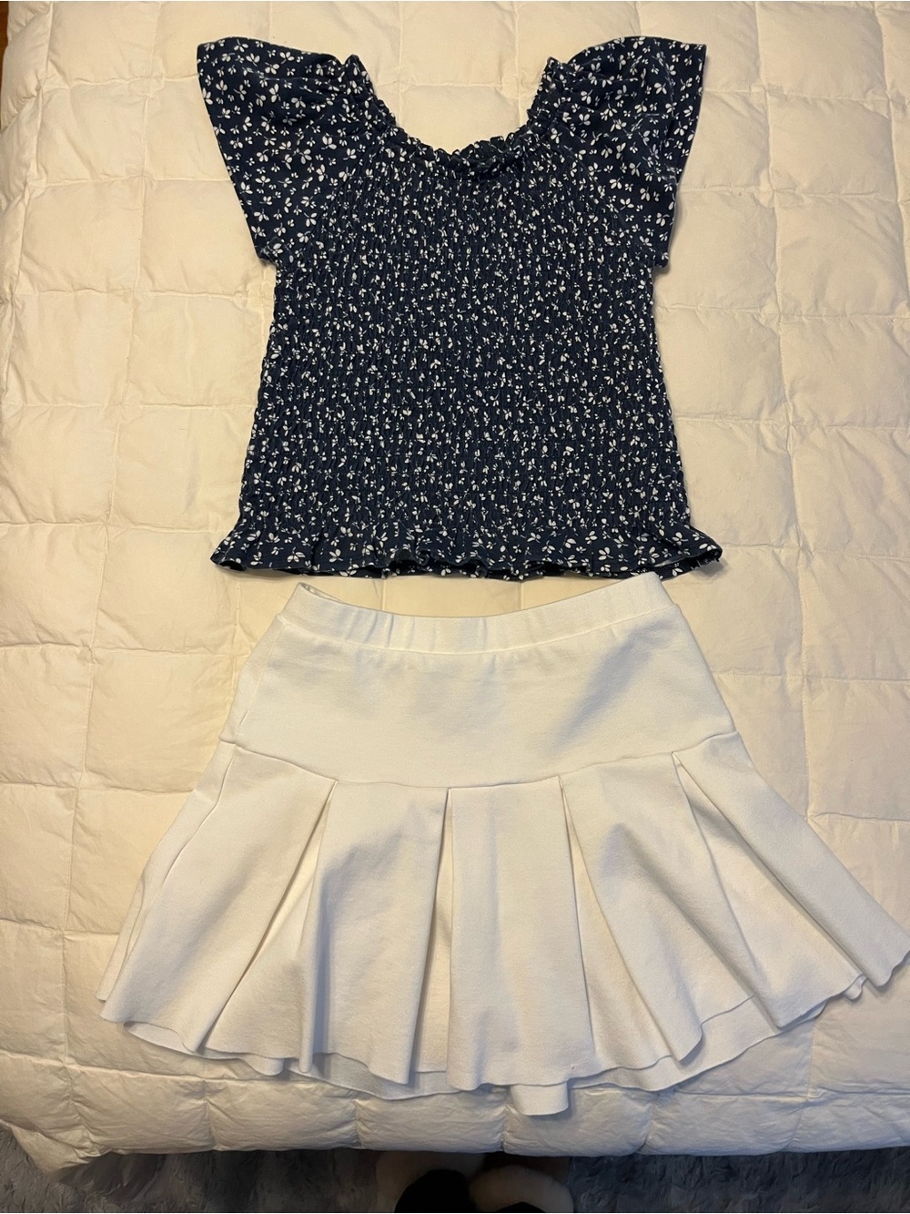 Cat & Jack Navy Floral Smocked Top and White Pleated Skirt Kids Matching Set